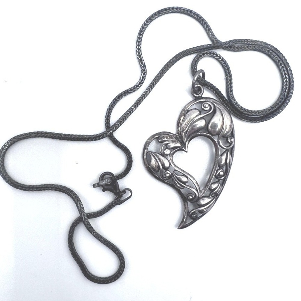 Vintage Sterling Silver 925 Heart Necklace Filigree Vine Oxidized Foxtail 18" 8g